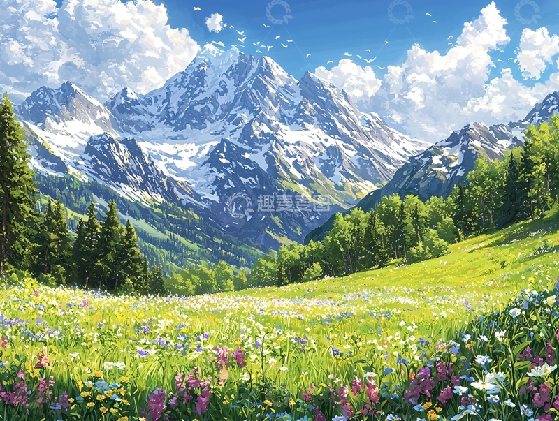 高清大图下载【趣麦麦图】雪山花海草原风景