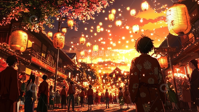 高清大图下载【趣麦麦图】夜幕下的日本小镇灯笼节