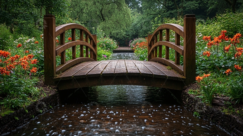 高清大图下载【趣麦麦图】木桥流水花园景色