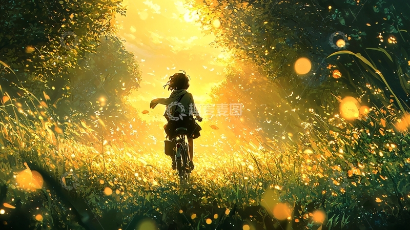 高清大图下载【趣麦麦图】夕阳下女孩骑自行车
