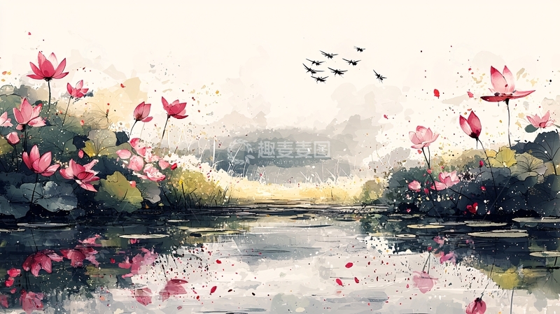 高清大图下载【趣麦麦图】水彩荷花湖景