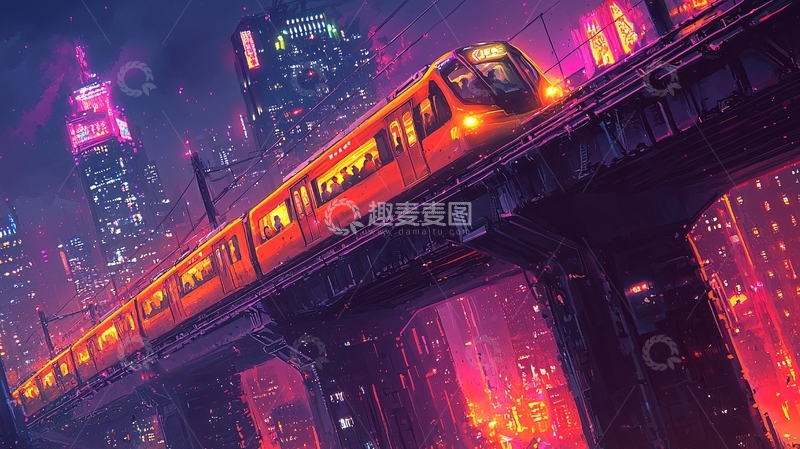 高清大图下载【趣麦麦图】未来都市列车夜景