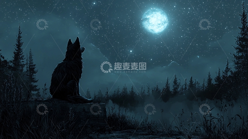 高清大图下载【趣麦麦图】黑夜森林中孤独的狼