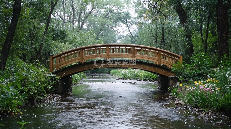高清大图下载【趣麦麦图】雨中木桥流水
