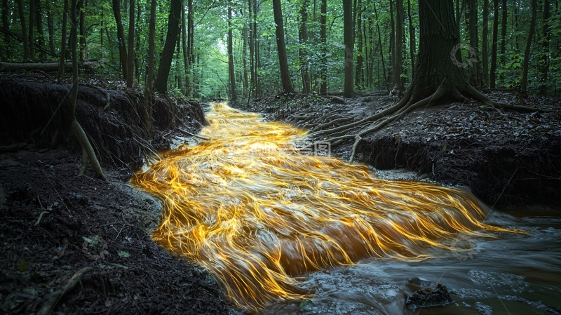 高清大图下载【趣麦麦图】森林小溪金光闪闪
