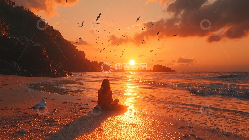 高清大图下载【趣麦麦图】日落海滩剪影