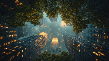 仰视视角城市树木夜景