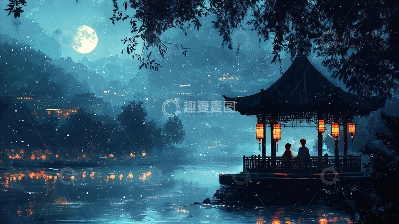 高清大图下载【趣麦麦图】月夜古镇