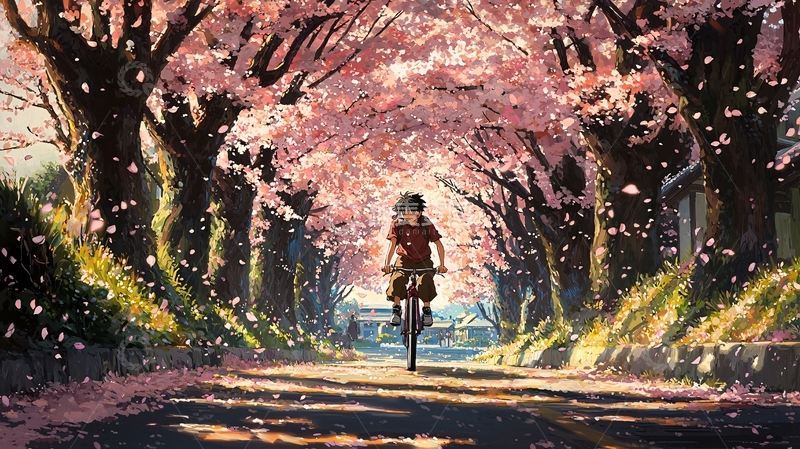 高清大图下载【趣麦麦图】樱花树下骑自行车