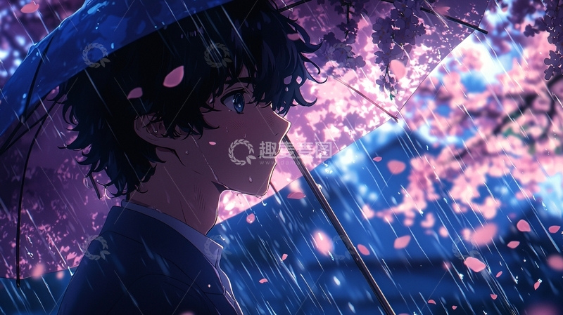 高清大图下载【趣麦麦图】雨中樱花少年