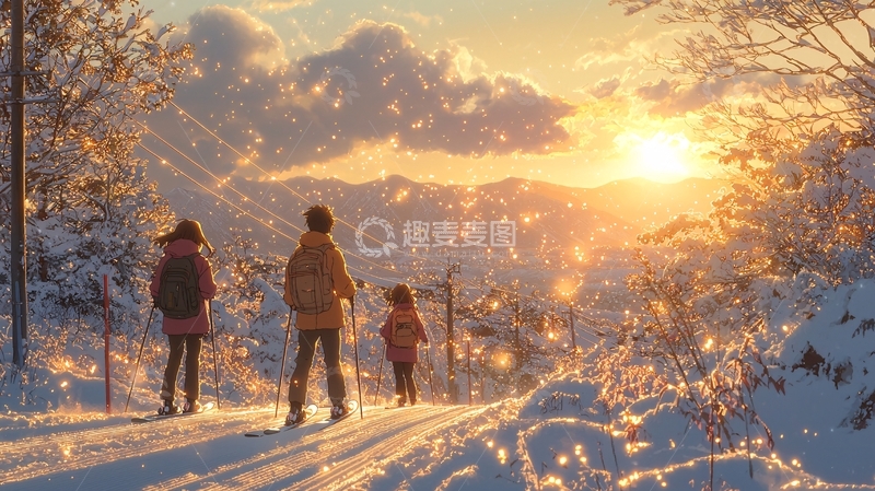 高清大图下载【趣麦麦图】冬日雪景夕阳下三人同行