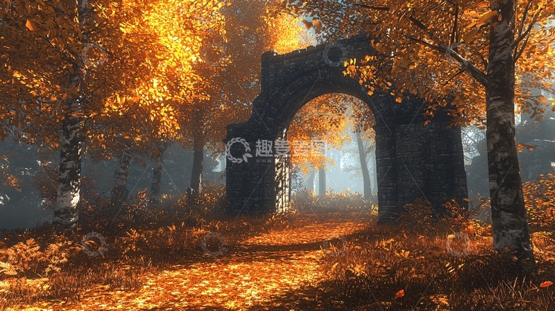 高清大图下载【趣麦麦图】秋日森林石拱门