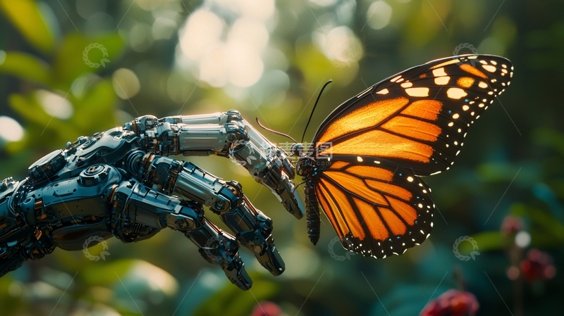 高清大图下载【趣麦麦图】机械手与蝴蝶