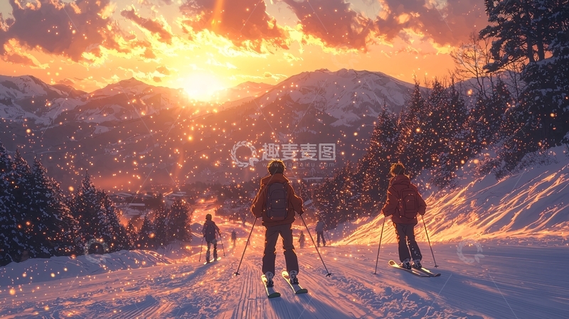 高清大图下载【趣麦麦图】雪山日落滑雪风景