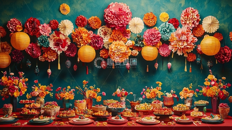 高清大图下载【趣麦麦图】彩色纸花背景甜品台