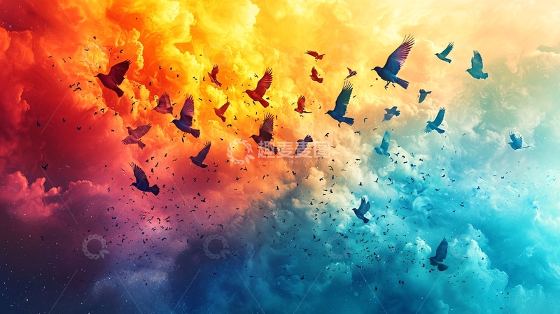 高清大图下载【趣麦麦图】彩色云朵飞鸟