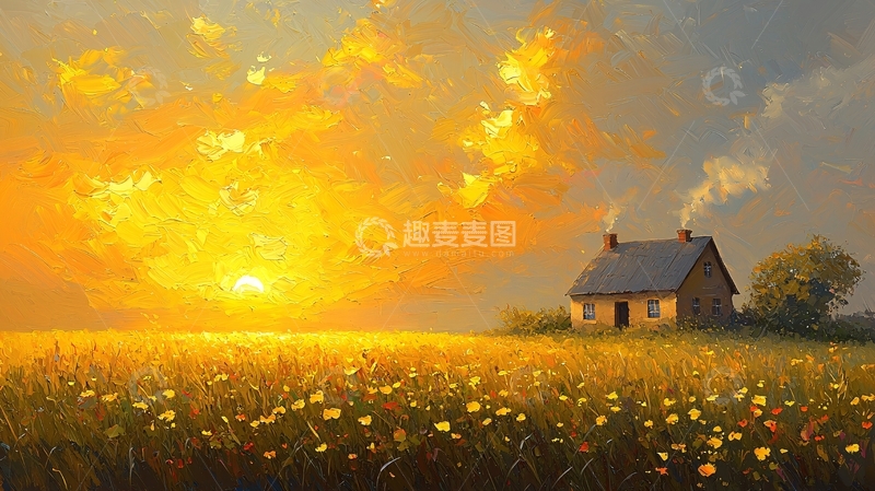 高清大图下载【趣麦麦图】夕阳下的田园小屋