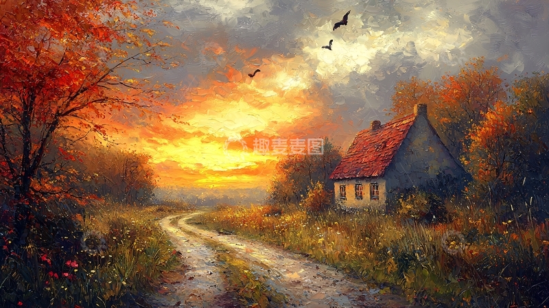 高清大图下载【趣麦麦图】秋日乡间小路落日余晖