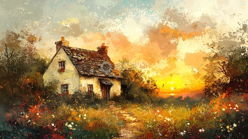 高清大图下载【趣麦麦图】夕阳下田园小屋