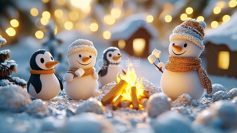 高清大图下载【趣麦麦图】雪人围炉夜话