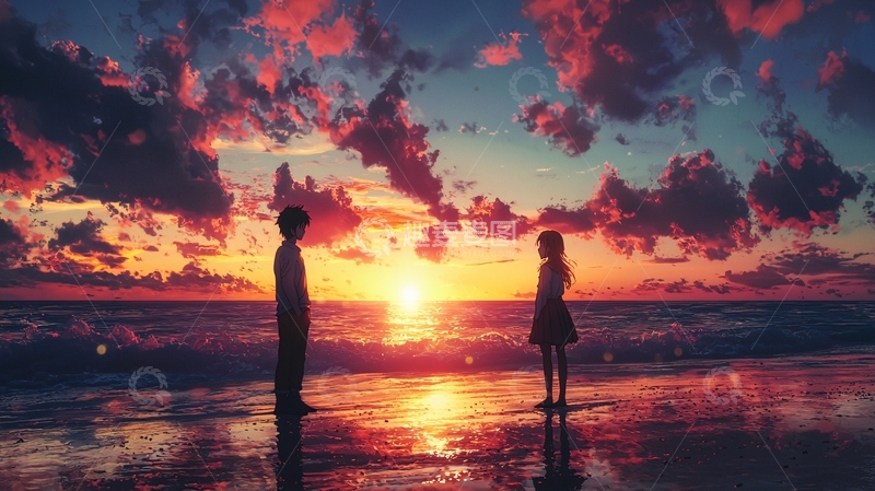 高清大图下载【趣麦麦图】日落海滩情侣剪影