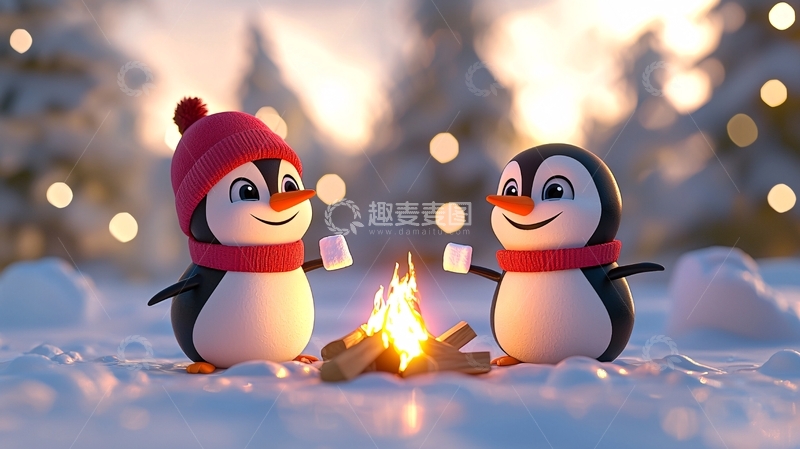 高清大图下载【趣麦麦图】两只企鹅烤火棉花糖