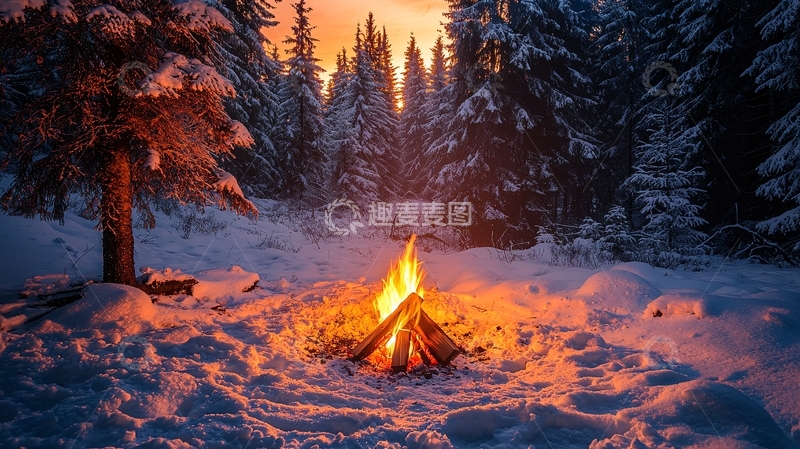 高清大图下载【趣麦麦图】雪地篝火