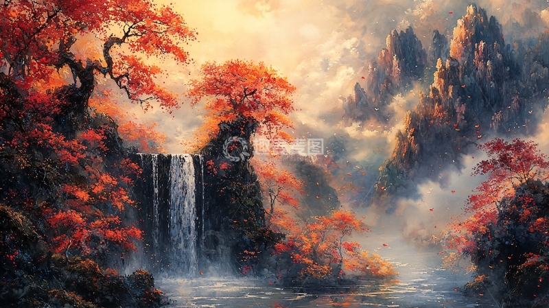 高清大图下载【趣麦麦图】秋枫红叶瀑布仙境