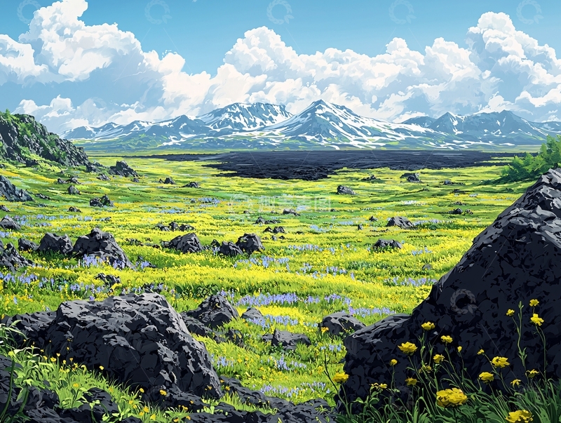 高清大图下载【趣麦麦图】美丽草地和雪山远景