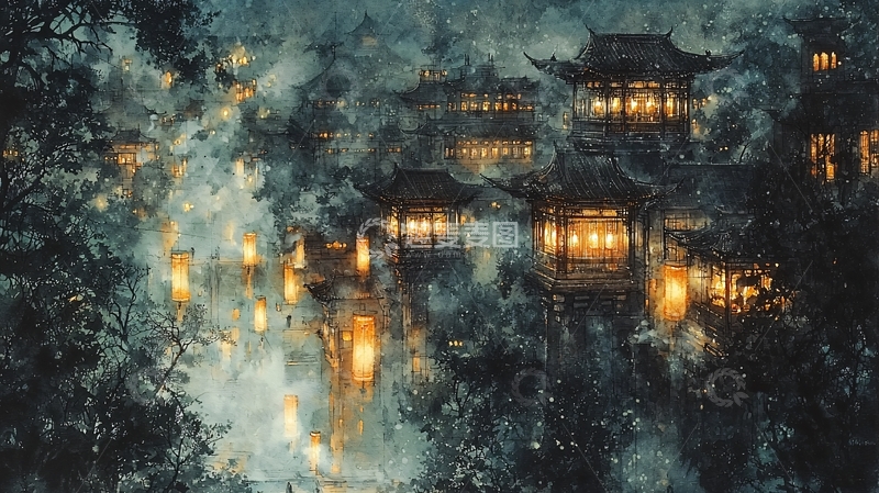 高清大图下载【趣麦麦图】水墨江南夜景