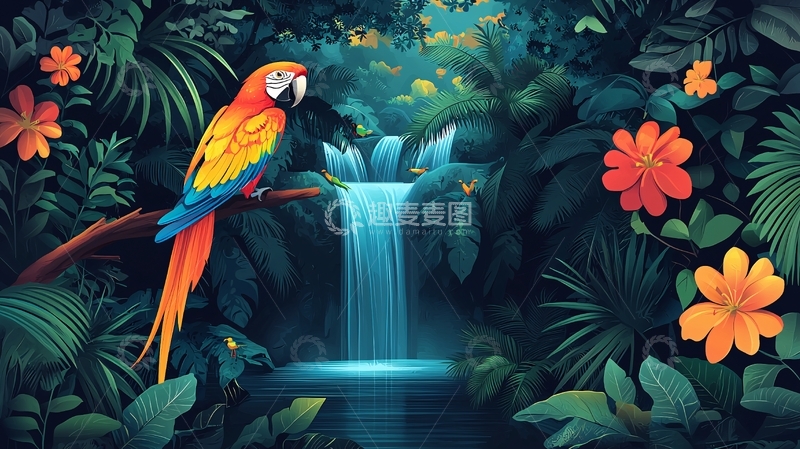 高清大图下载【趣麦麦图】热带雨林鹦鹉瀑布