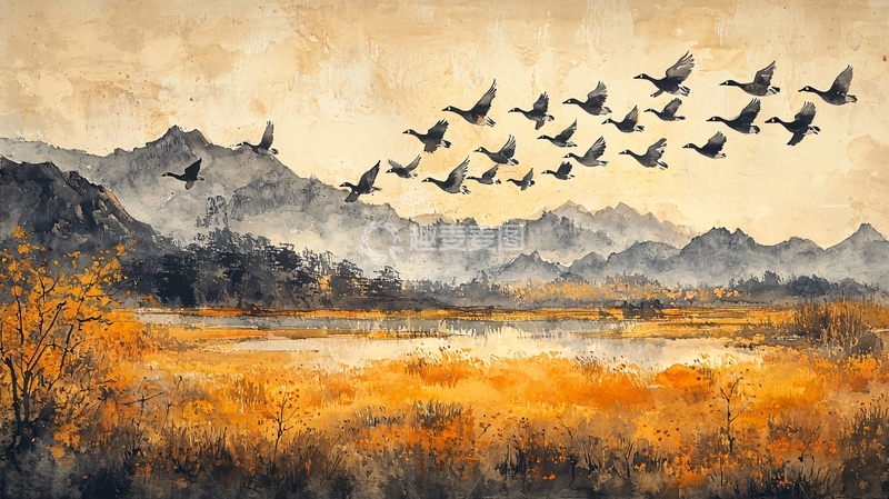 高清大图下载【趣麦麦图】雁群飞越山峦