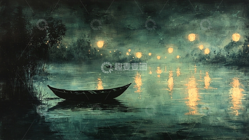 高清大图下载【趣麦麦图】夜色湖泊小舟萤火
