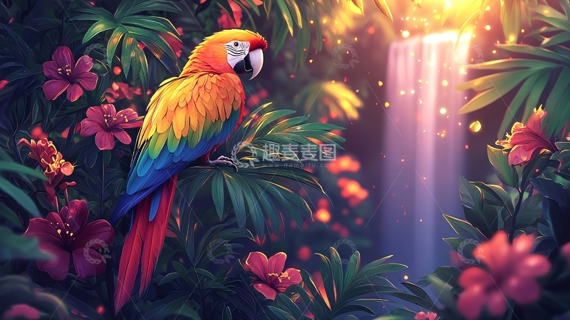 高清大图下载【趣麦麦图】彩虹金刚鹦鹉雨林瀑布