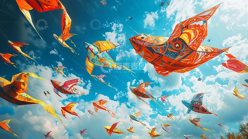 高清大图下载【趣麦麦图】蓝天白云下飞翔的风筝