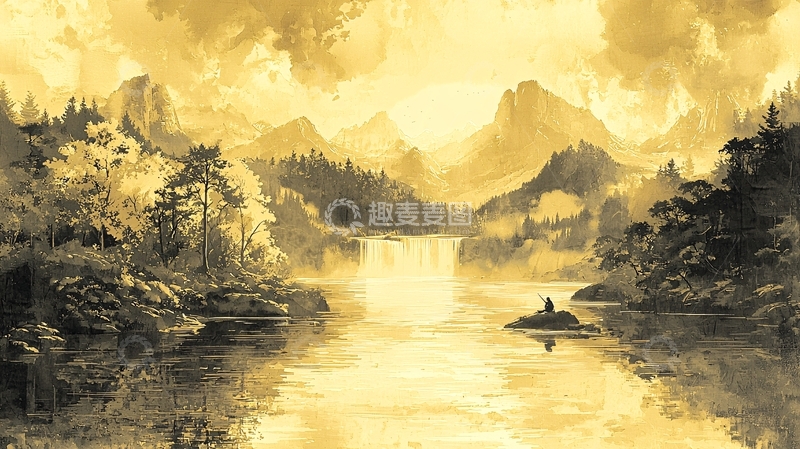 高清大图下载【趣麦麦图】金色山脉瀑布风景