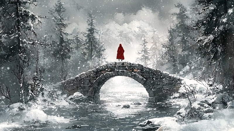 高清大图下载【趣麦麦图】雪中红衣人石桥