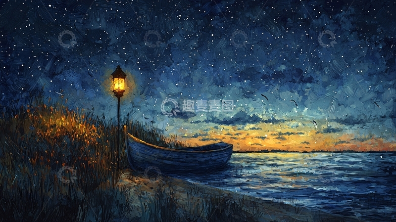 高清大图下载【趣麦麦图】星空下的海边小船