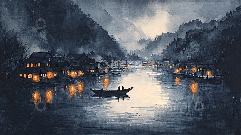 高清大图下载【趣麦麦图】水墨画风格山村夜景
