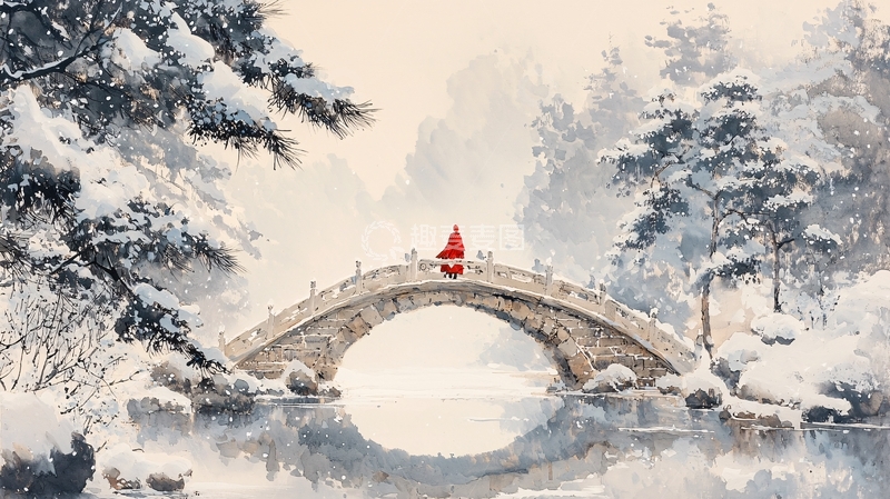 高清大图下载【趣麦麦图】冬日雪景拱桥红衣人