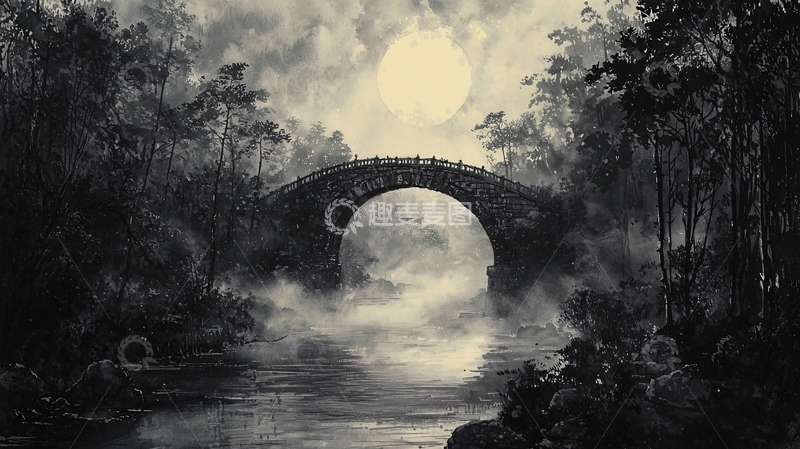 高清大图下载【趣麦麦图】雾气弥漫的古桥
