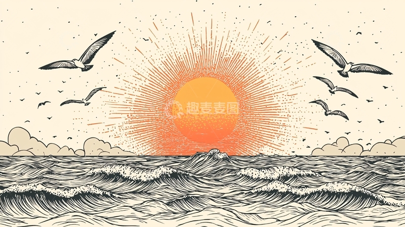 高清大图下载【趣麦麦图】手绘日落海景