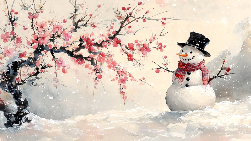 高清大图下载【趣麦麦图】雪中梅花与雪人