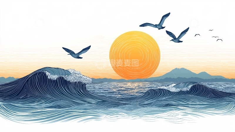 高清大图下载【趣麦麦图】日出大海海鸥波浪