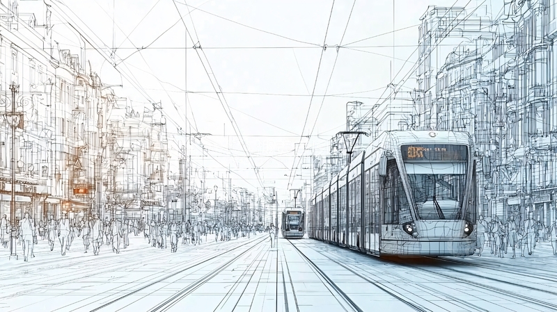 高清大图下载【趣麦麦图】轻轨列车城市街道素描