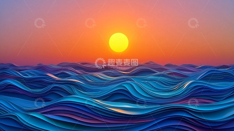 高清大图下载【趣麦麦图】日落海面抽象波浪