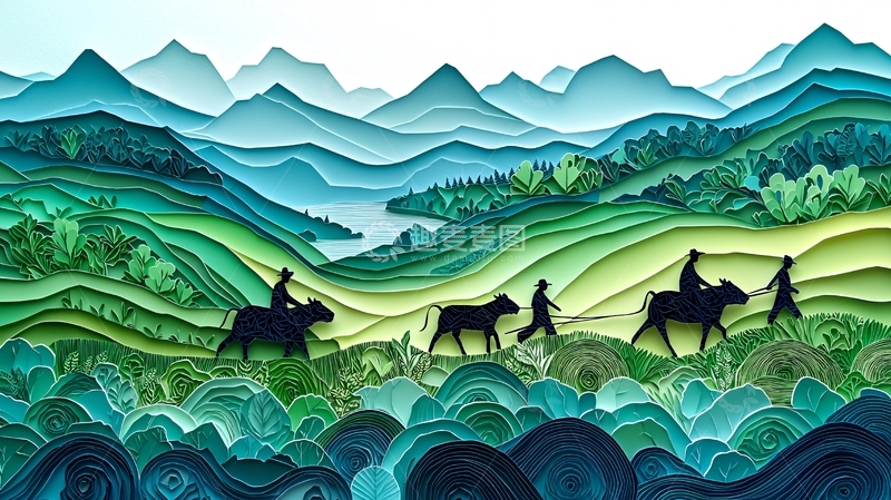 高清大图下载【趣麦麦图】层叠山峦剪纸画