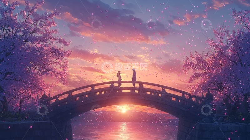高清大图下载【趣麦麦图】唯美日落情侣桥上剪影
