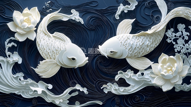 高清大图下载【趣麦麦图】白瓷鲤鱼戏水图