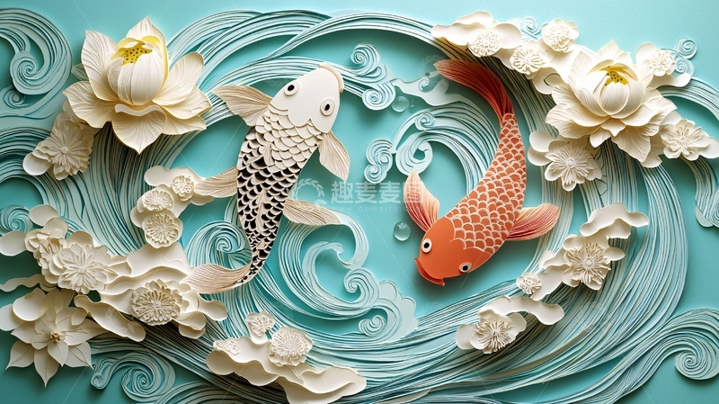 高清大图下载【趣麦麦图】立体纸雕鲤鱼花卉
